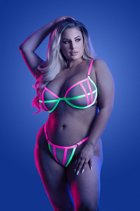 Head Rush Contrast Bra and Panty - Queen - Neon  Pink