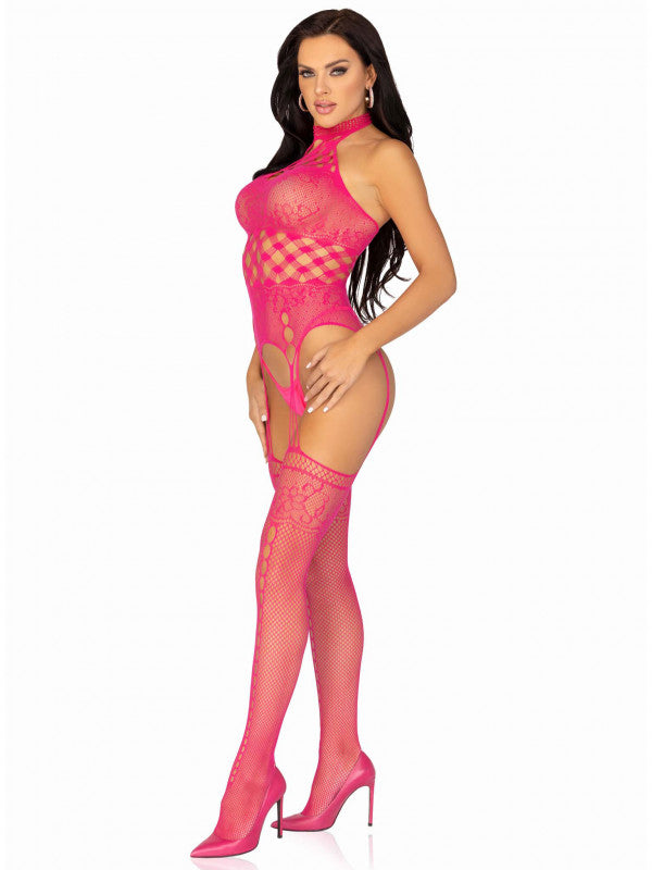 High Neck Halter Hardcore Net and Lace Suspender Bodystocking - Raspberry