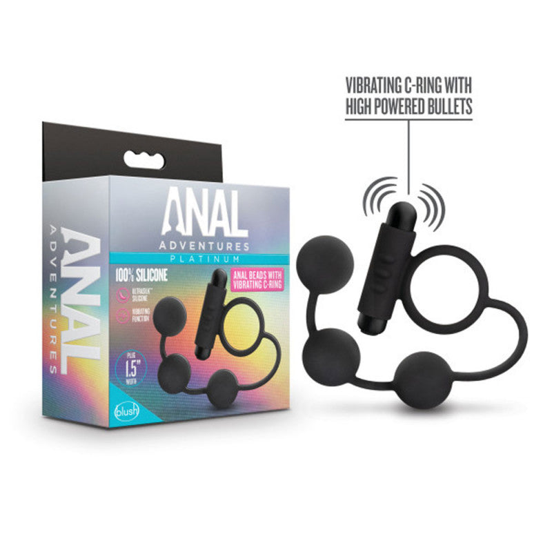 Anal Adventures- Platinum - Silicone Anal Ball  With Vibrating C-Ring- Black