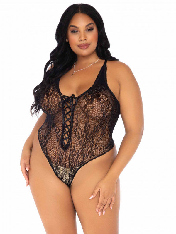Floral Lace Thong Teddy - 1x/2x - Black