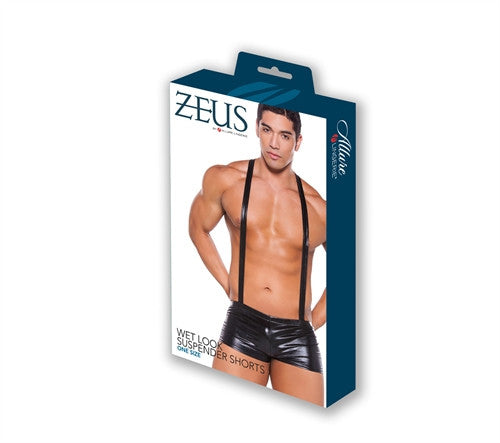 Wet Look Suspender Shorts - Black - One Size