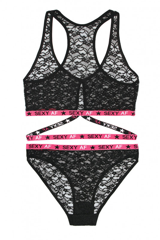 Sexy Af Bralette & Bikini Panty - Pink/black - L/xl