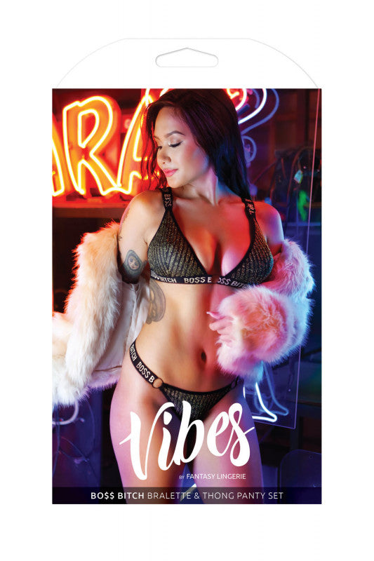 Boss Bitch Bralette and Thong Panty Set - Black / Gold - S/m