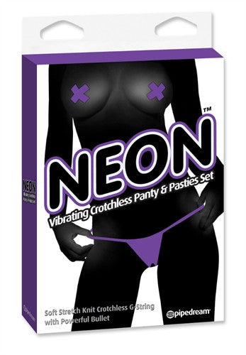 Neon Vibrating Crotchless Panty and Pasties Set - Purple