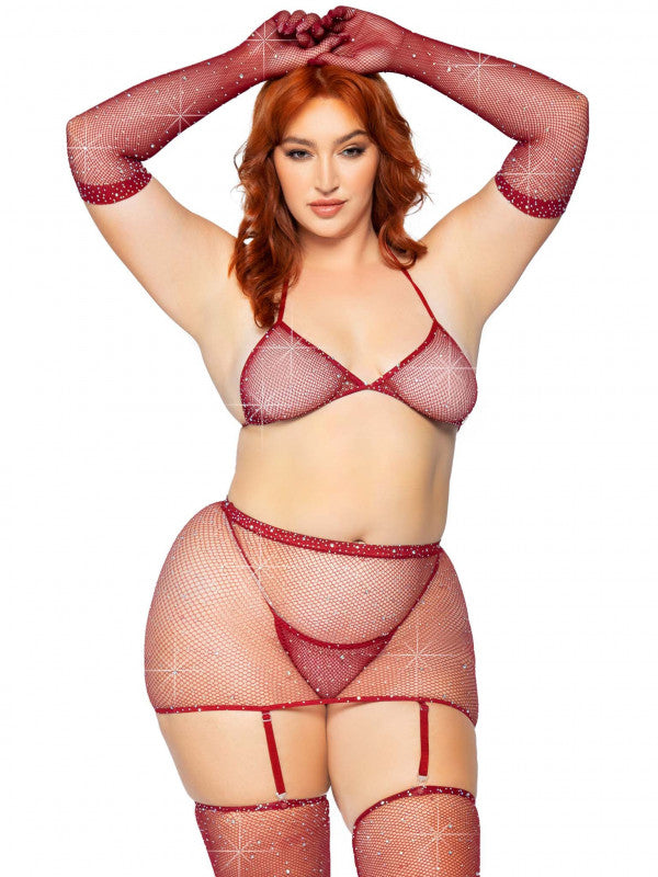 5 Pc Rhinestone Bikini Top G-StRing Garter Skirt,  Gloves and Stockings - One Size - Burgundy