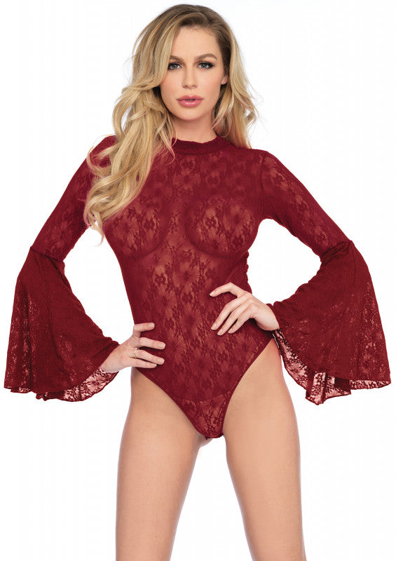 High Neck Stretch Lace Bell Sleeve Bodysuit - One Size - Burgundy