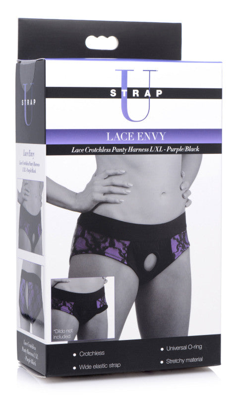 Lace Envy Crotchless Panty Harness - L/ XL Purple and Black