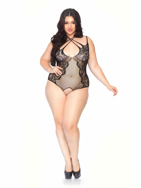 Net Lace Crotchless Teddy With Multi Strap Wrap -  1x/2x - Black