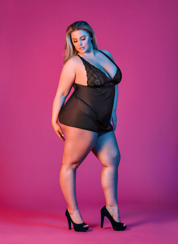 Sexy Time Babydoll With Fly Away Back and G-String Set - Black - 1x-3x