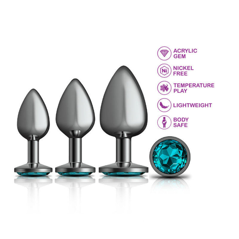 Cheeky Charms - Metal Butt Plug Gunmetal - Round - Teal - Kit
