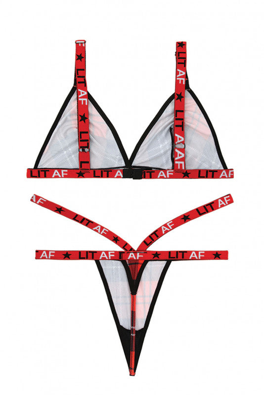 Lit Af Bralette and Thong Set - Red Plaid - S/m