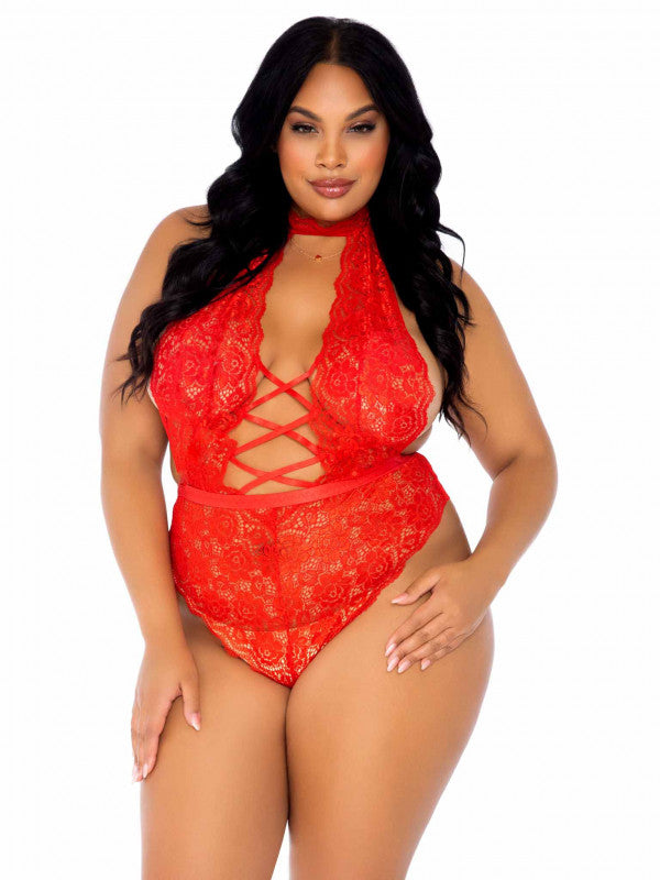 Floral Lace Crotchless Teddy  - 1x/2x - Red
