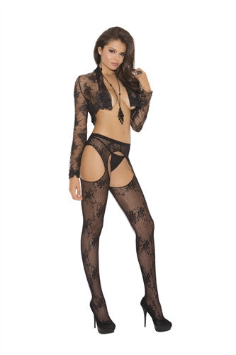 Lace Suspender Pantyhose - Black - One Size