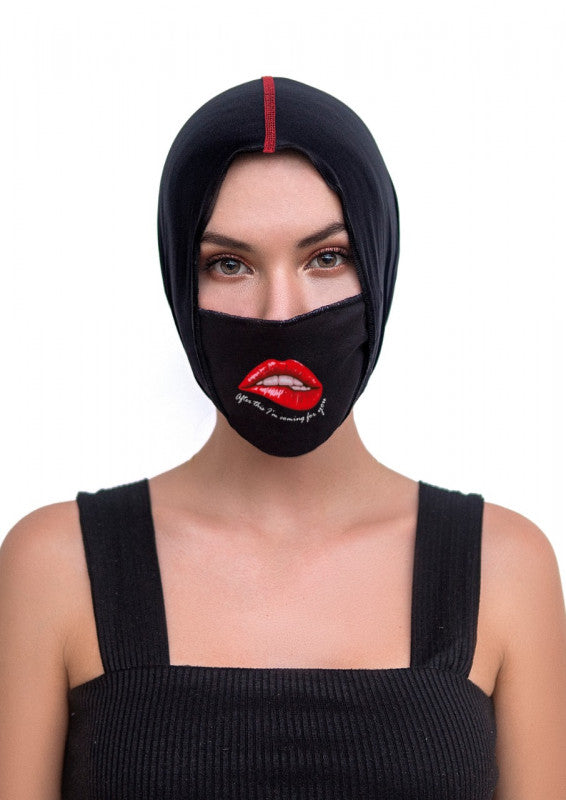 Face/ Neck Bandana Reversable- Black/ Red Lips Print - One Size