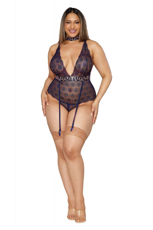 Garter Teddy and Choker - Queen Size - Nocturnal  Blue