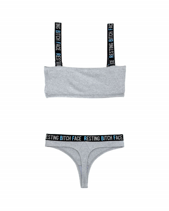 Resting Bitch Face Crop Top and Thong Panty Set - Gray - S/m