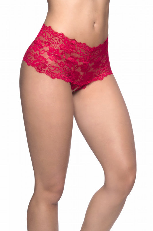 Crotchless Lace Boyshort - Red - Large/  Extra-Large