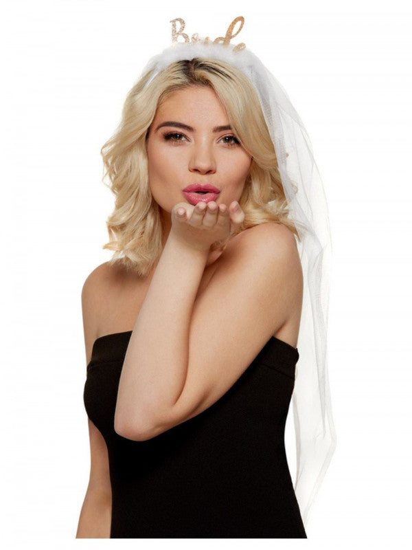 White and Gold Bride Headband With Viel