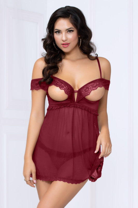 Lace and Mesh Babydoll and Thong - Wine - Extra Large