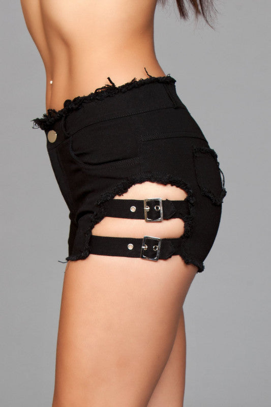 Denim Shorts With Belt Buckle Side Details and Faux Back Pockets - Small