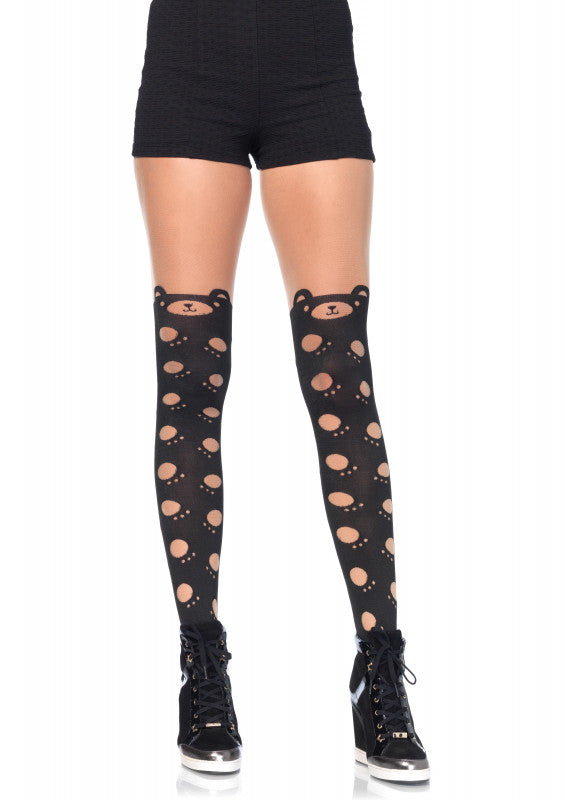 Beary Cute Paw Print Opaque Pantyhose With Sheer Thigh High - One Size