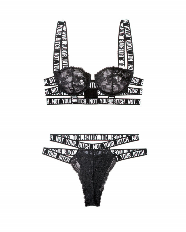 Not Your Bitch Lace Bra and Cutout Panty Set - Black - S/m