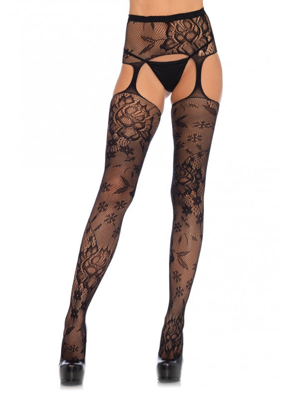 Fl Lace Stockings With Attached Waist Garterbelt - Black - One Size