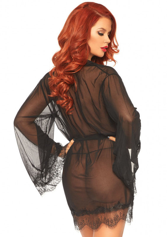 3 Pc Sheer Short Robe With Eyelash Lace Trim and Flared Sleeves - Burgandy - M/l