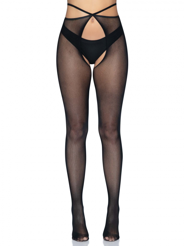 Micro Net Strappy Crotchless Tights - One Size - One Size -Black
