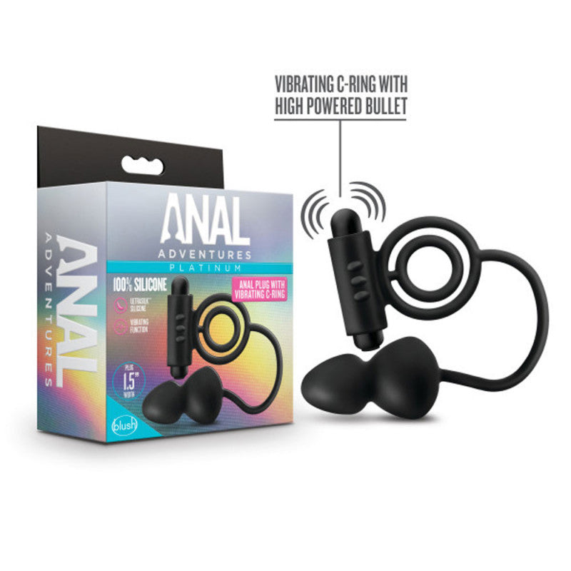 Anal Adventures- Platinum - Silicone Anal Ball  With Vibrating C-Ring- Black