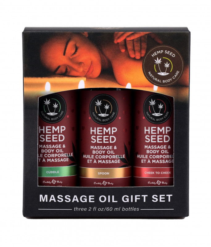 Hemp Seed Massage Oil Trio Gift Set - Cuddle /  Cheek to Cheek / Spoon - 2 Oz
