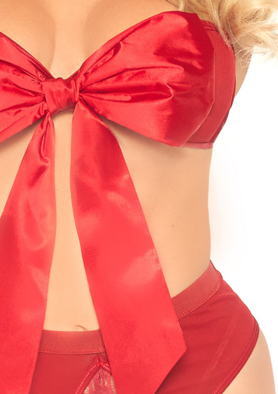 2 Pc Satin Ribbon Gift Bandeau With Hook-N-Eye Back and Matching G-StRing - Red - Small
