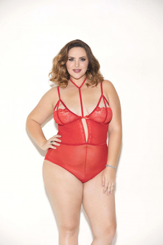 Soft Cup Mesh &amp; Lace Teddy W/choker - Red - 2x