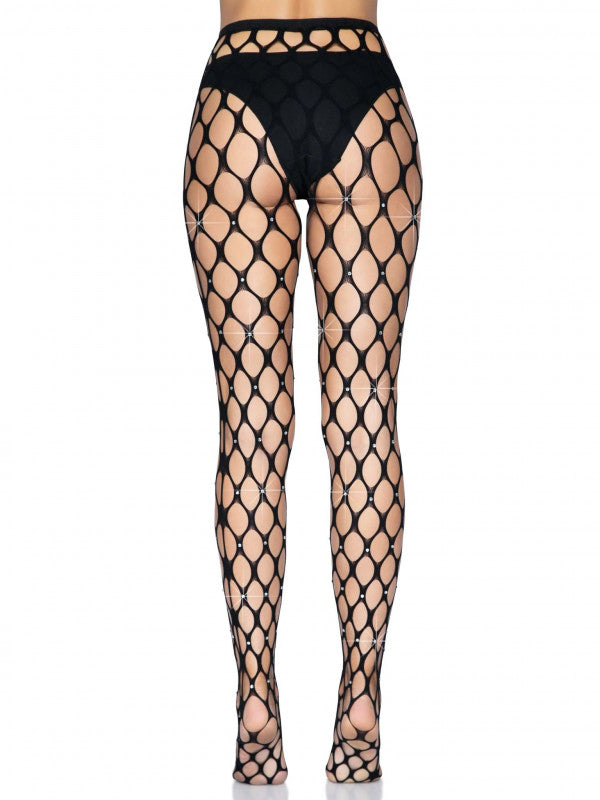 Rhinestone Pothole Net Tights - One Size - Black