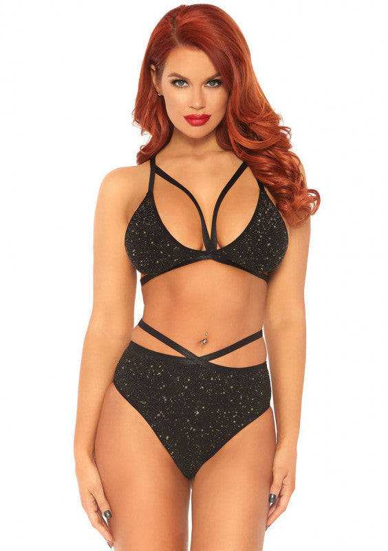2 Pc Shimmer Lurex Opaque Cage Strap Bra Top and Matching Strappy Brazilian Bottom - Black/ Gold - Small/medium