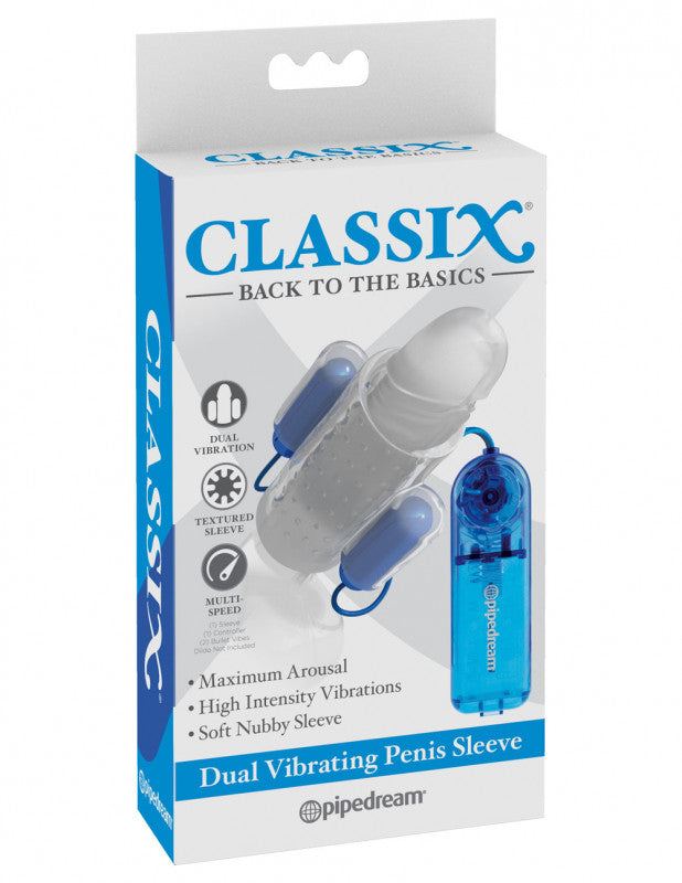 Dual Vibrating Penis Sleeve - Blue and Clear