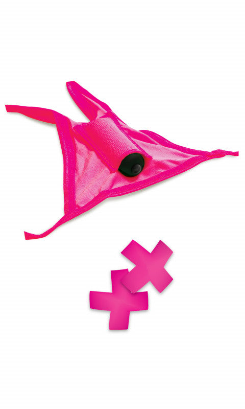 Neon Vibrating Crotchless Panty and Pasties Set - Pink
