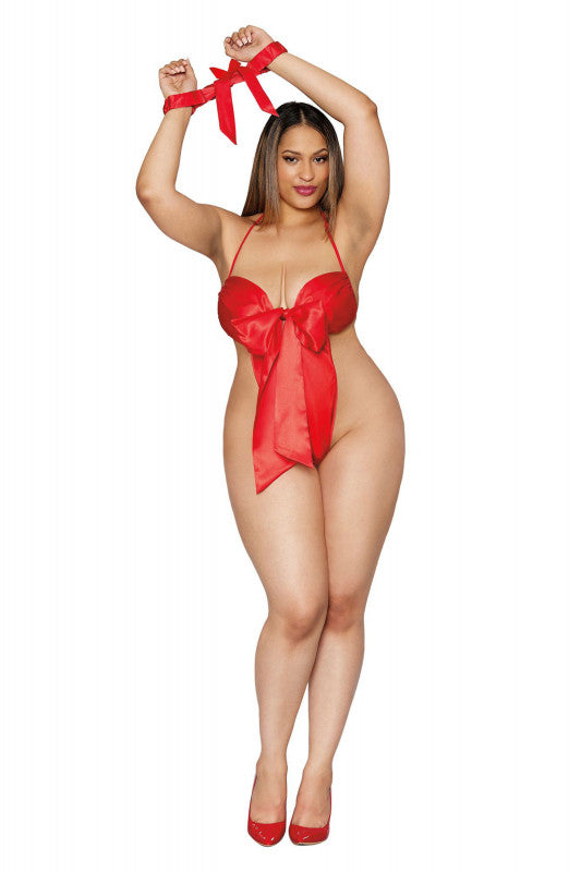 Bow Tie Teddy With Restraint - Queen Size - Lipstick Red