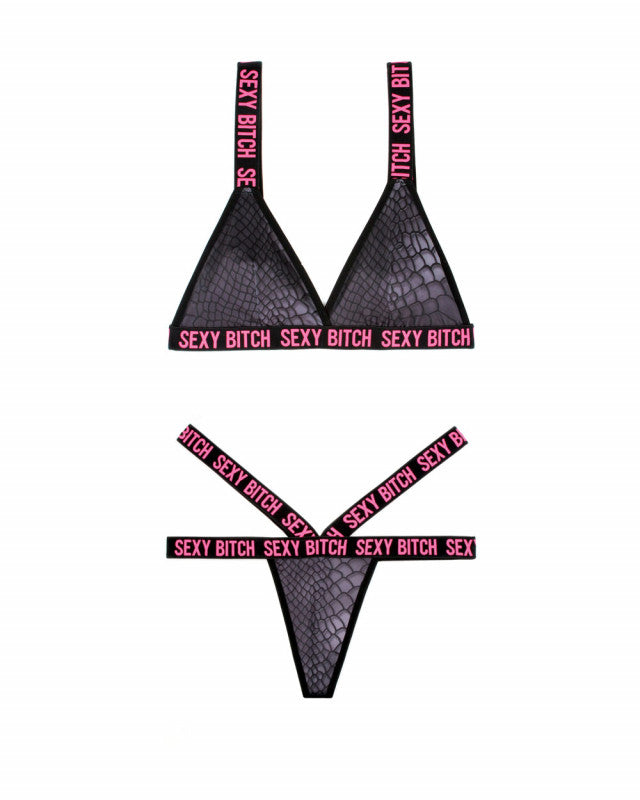 Sexy Bitch Bralette and Strappy Panty Set - Black - S/m