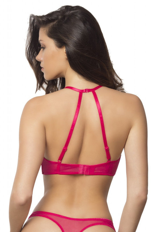 High Neck Bra With Diagonal Eyelash Lace Panels - Medium - Bright Rose