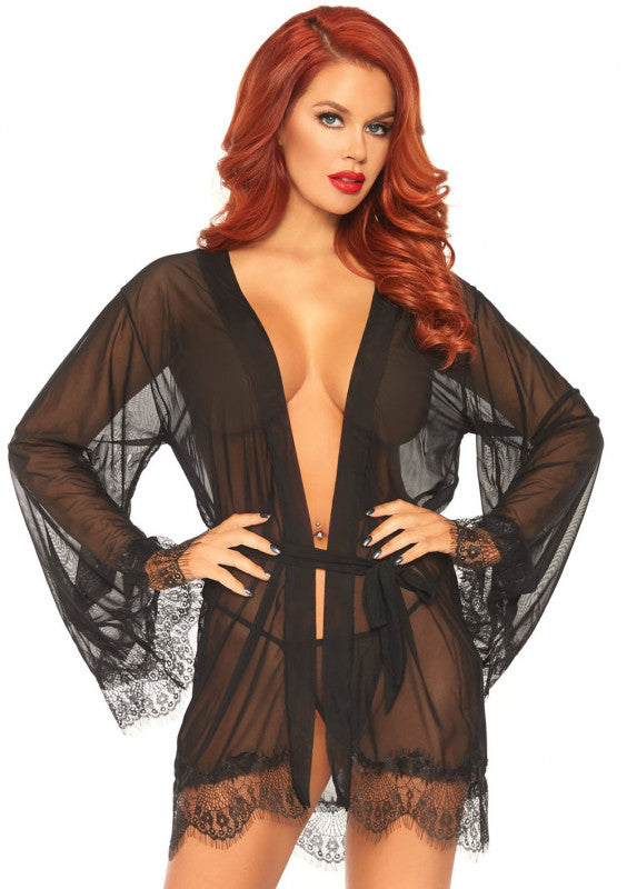 3 Pc Sheer Short Robe With Eyelash Lace Trim and Flared Sleeves - Burgandy - M/l