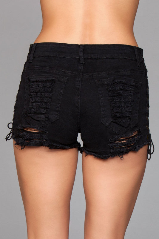 Denim Shorts With Lace Up Side Details and Distressed Details on Front and Back - Large