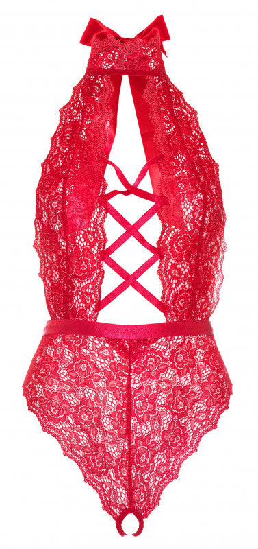 Floral Lace Crotchless Teddy  - 1x/2x - Red