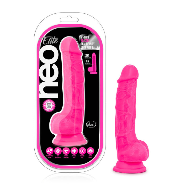 Neo Elite - 7.5 Inch Silicone Dual Density   With Balls - Neon Pink