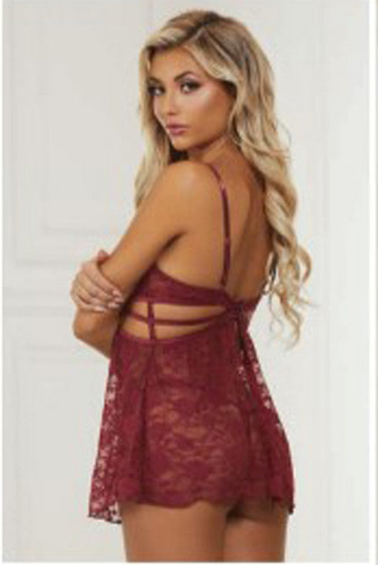 2 Pc Lace Babydoll and G-StRing Set - One Size -  Wine