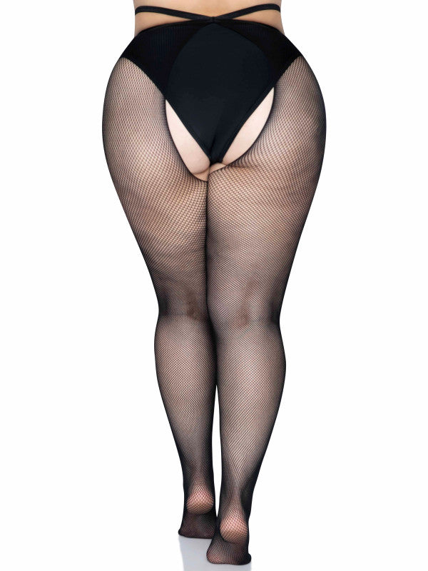 Micro Net Strappy Crotchless Tights - 1x/2x - 1x/2x - Black