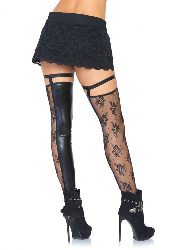 Wet Look and Lace Footless Garter Thigh Hi - Black - M/l