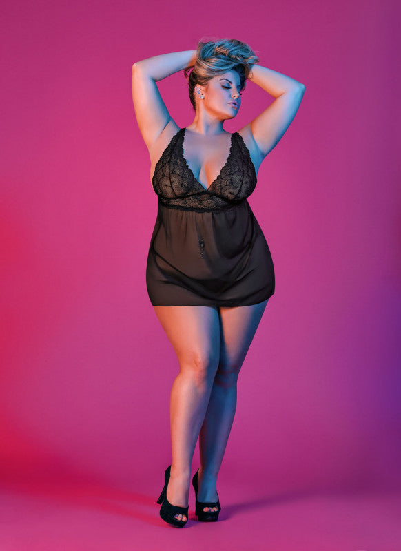 Sexy Time Babydoll With Fly Away Back and G-String Set - Black - 1x-3x