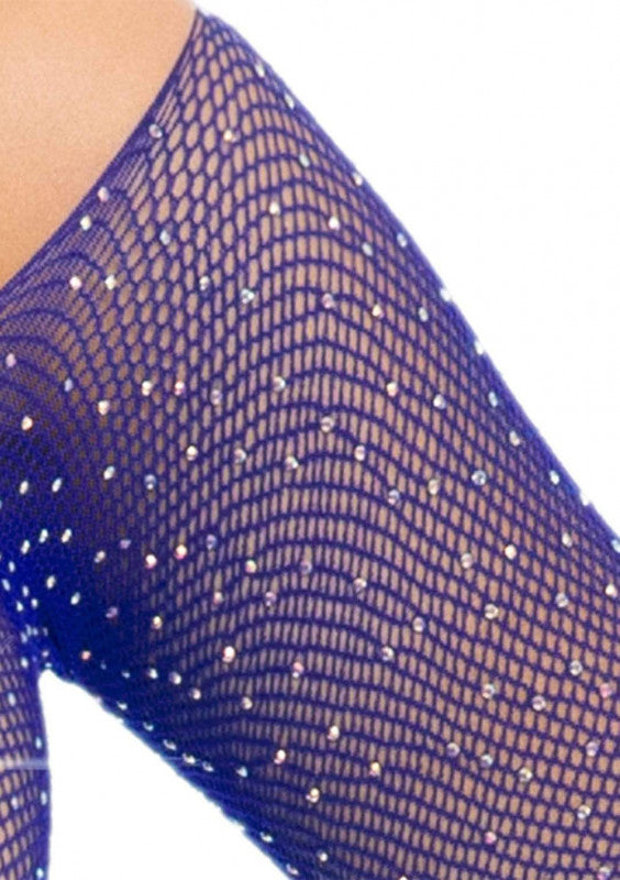Crystalized Long Sleeve Fishnet Thong Back Bodysuit - One Size - Royal Blue