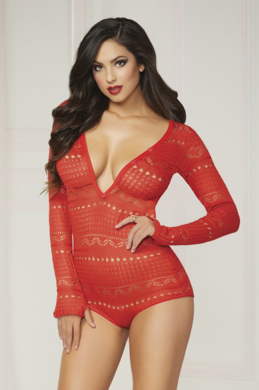 Knit Long Sleeve Romper  - Small  - Red